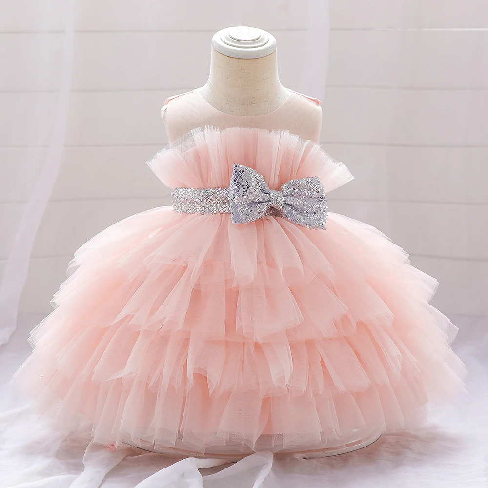 Toddler Fluffy Pink Wedding Party Dresses for Baby 2-8 Yrs Sequin Bow Tulle Baptism Birthday Princess Clothe Lace Summer Dresses 240407