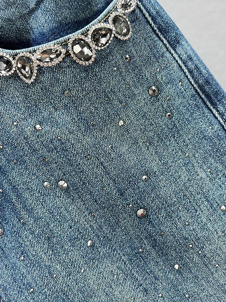 Women's Jeans High Waist Pockets Edge Diamond Studded Straight Wide Leg Blue Denim Pants 2024 Autumn Fashion 29L3903