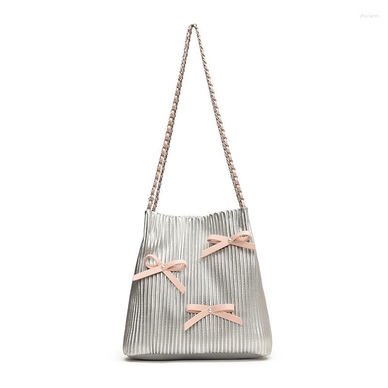 Drawstring Fashion Bucket Bag Korean Style Simple Casual Shoulder Summer Niche Pleated Handbag Bow Women's zhanyishengli