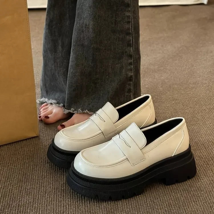 Ladies British Style Leather Shoes Black Muffin Student Single Shoes Retro All-match One Pedal Loafer Women Shoes 241112