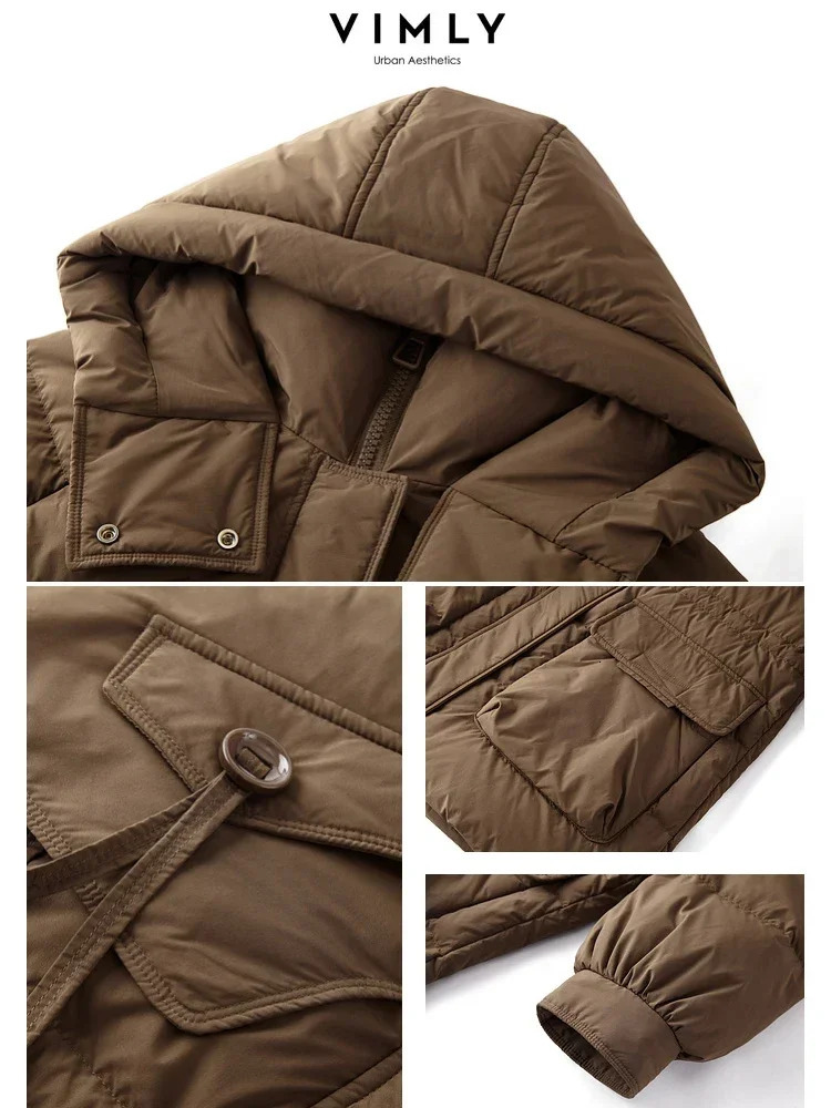 Vimly Hooded White Duck Womens Down Jacket Winter Stand Collar Windproof Thick Zipper Long Puff Jacket Coat 50675 241112