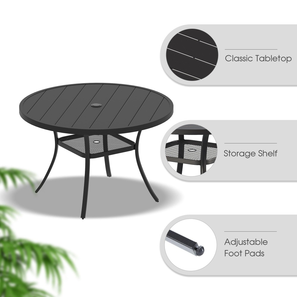 2024 Outdoor Patio Round Dining Table, Metal Slatted Round Tabletop with Adjustable Umbrella Hole for Deck Lawn Garden Backyard