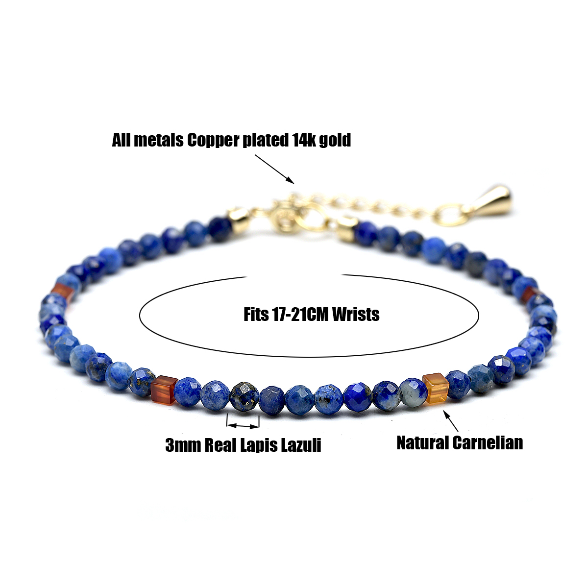 Elegant Lapis Blue Real 3mm Lazuli and Carnelian Crystal Gem Stone Bracelets for Women Copper Plated with 14K Gold Jewelry smile