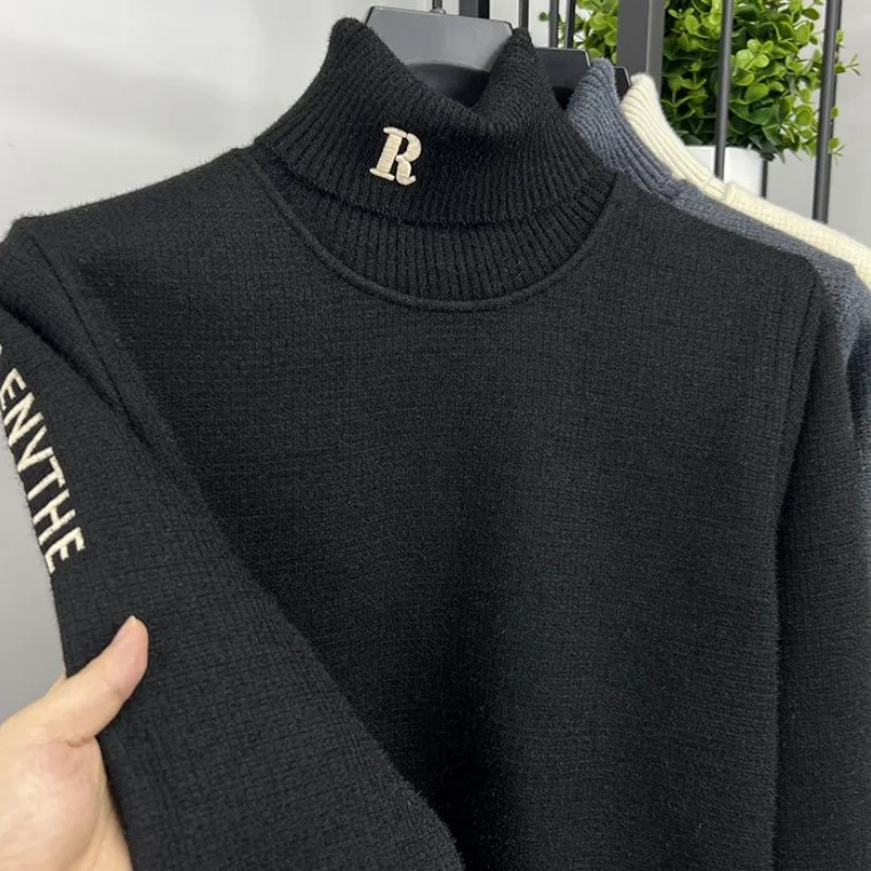 mens Knitte Pullover winter item exquisite letter embroidery wool sweater trend high neck thick warm mens clothing 241113