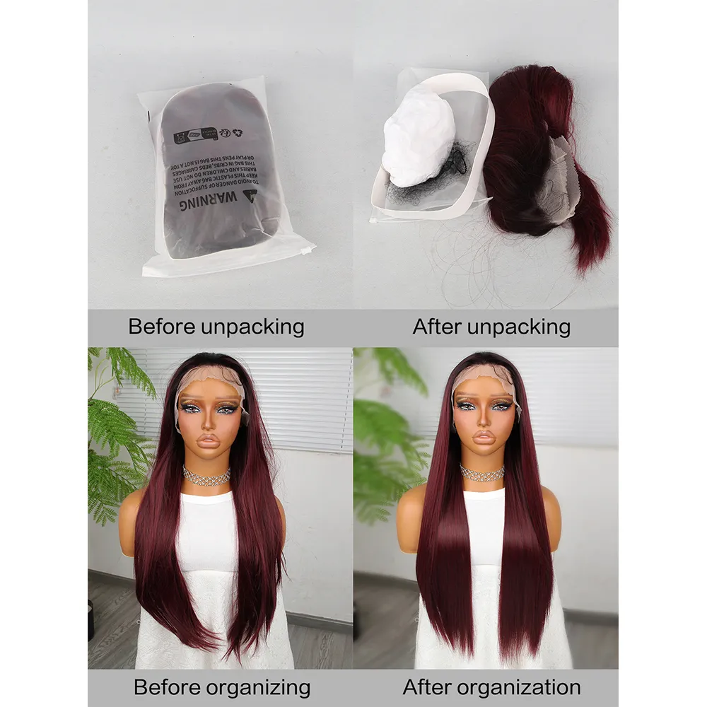 Long Wine Red Colored Lace Frontal Simulation Human Hair Wig Highlight 28 30 Inch Synthetic Deep Wave Wigs For Woman 360 Full Front Heat Resistant