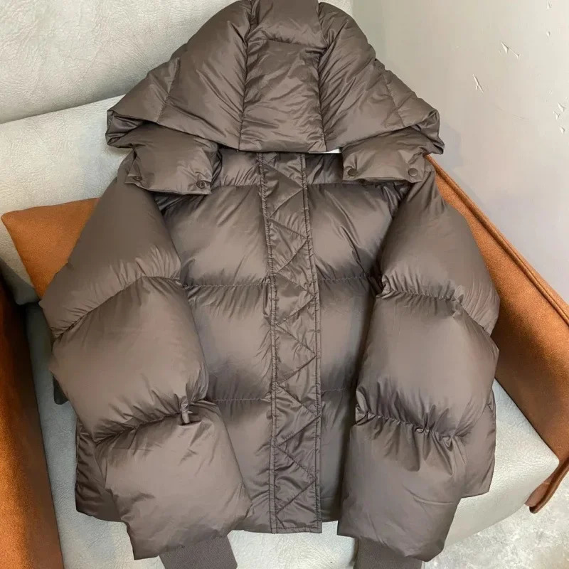 European style down jacket womens small hoodie inflatable jacket warm coffee cut hooded jacket winter item 241113