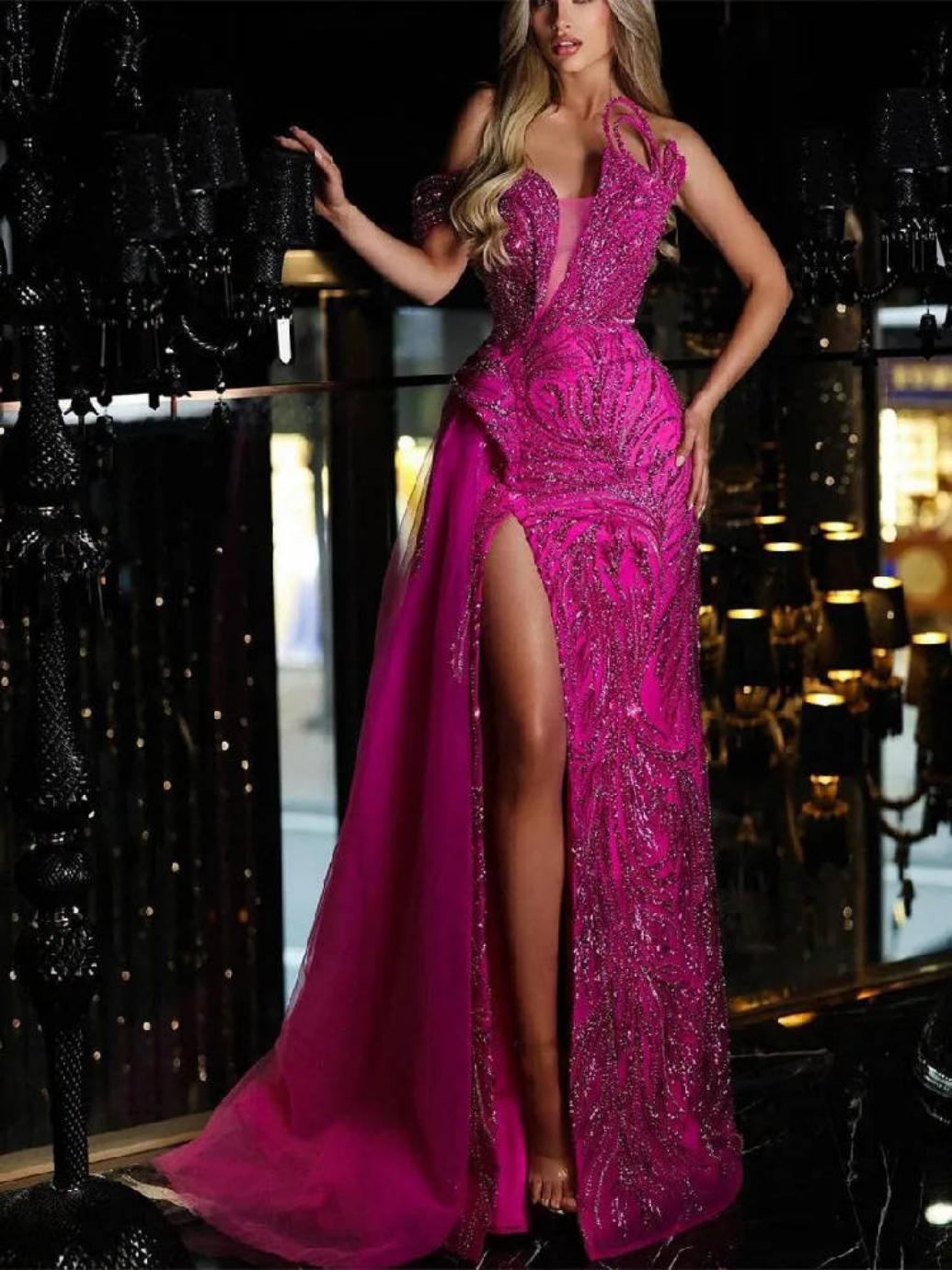 Fashion Mermaid Evening Dresses For Women Sequins Lace Gown Strapless Sleeveless Split Side Customized Dress Party Prom