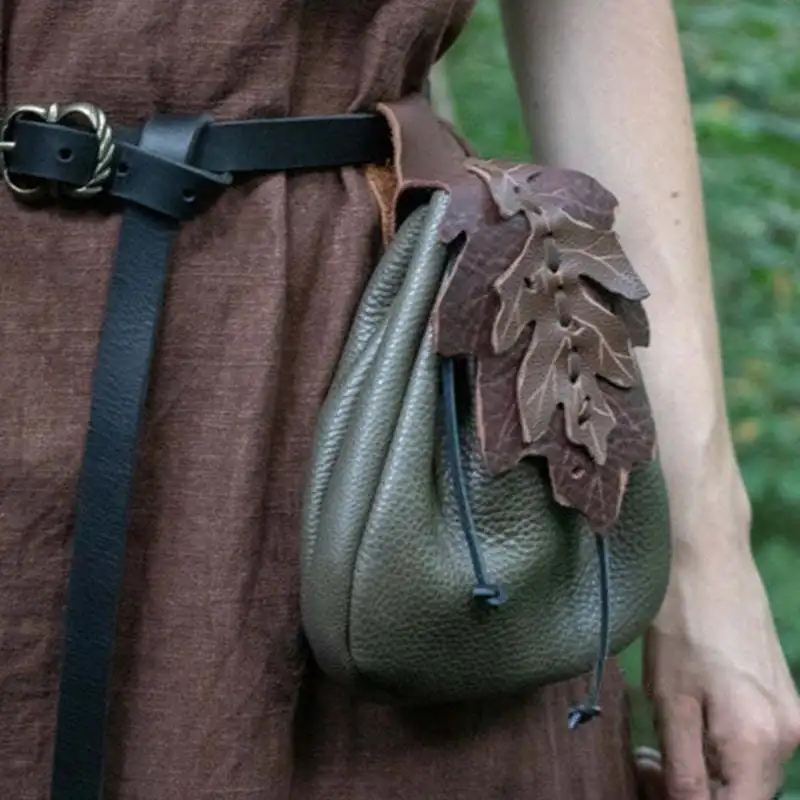 Renaissance Vintage Medieval Costume Accessory Leaf Pattern Leather Belt Pouch Steampunk Elf Viking Waist Bag Pouch Pack Hip Bag