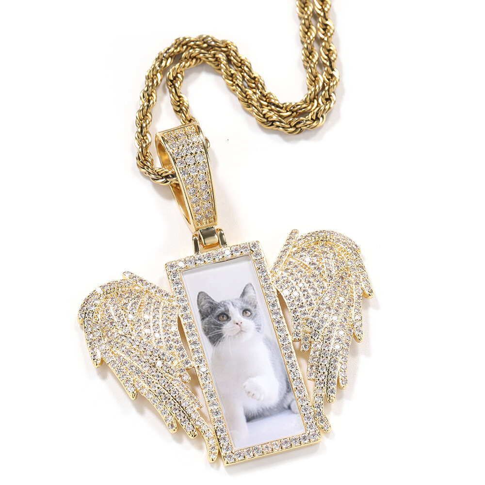 Top Quality Bling Rectangular Angel Wings Custom Photo Pendant Necklace Punk Hip Hop Jewelry New Creative Ins Style Necklaces Iced Out Cz Stone Jewelr