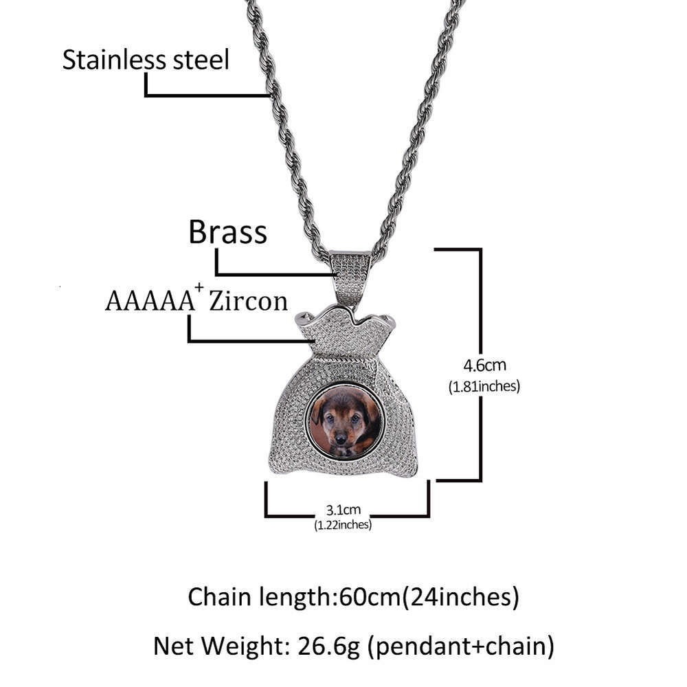 Top Quality Cubic Zirconia Custom Photo Money Bag Pendant Necklace Iced Out Cubic Zirconia Diy Picture Memorial Hip Hop Street Necklaces Bling Crystal