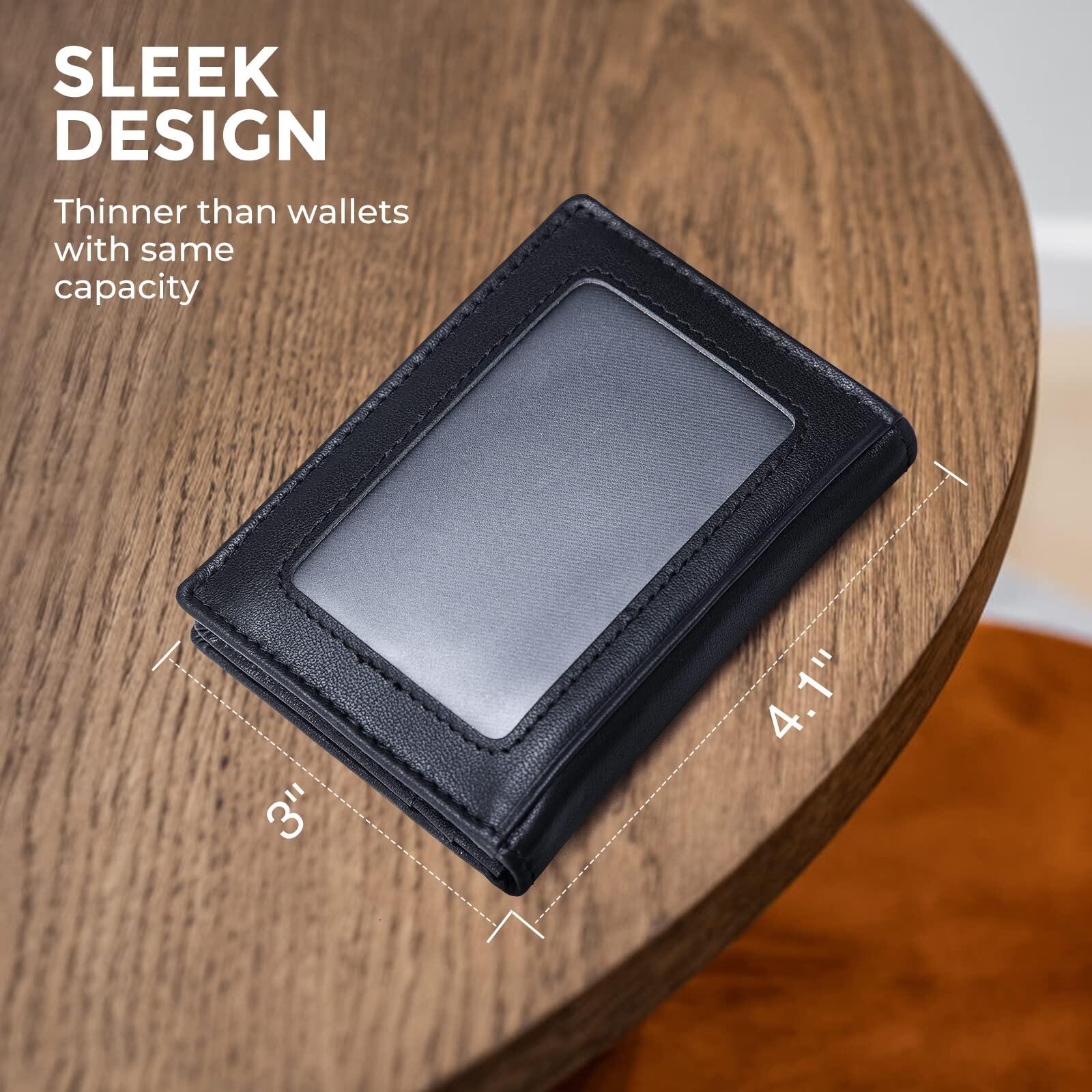 RFID Blocking Mens Slim Front Pocket Wallet Genuine Leather Bifold Credit Card Holder with ID Window Retro Style