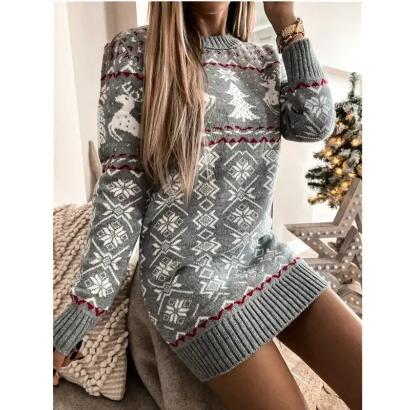 Winter Womens Christmas Sweater Cartoon Deer Print Full Sleeve Knitted Tank Top Jumping Sexy Tight Dress Christmas Appearance 241113