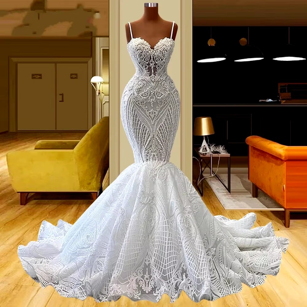 2025 Sexy Mermaid Wedding Dresses For Women Spaghetti Strap Sweetheart Bridal Gown Pearls Sleeveless Sweep Train Dress Custom Made