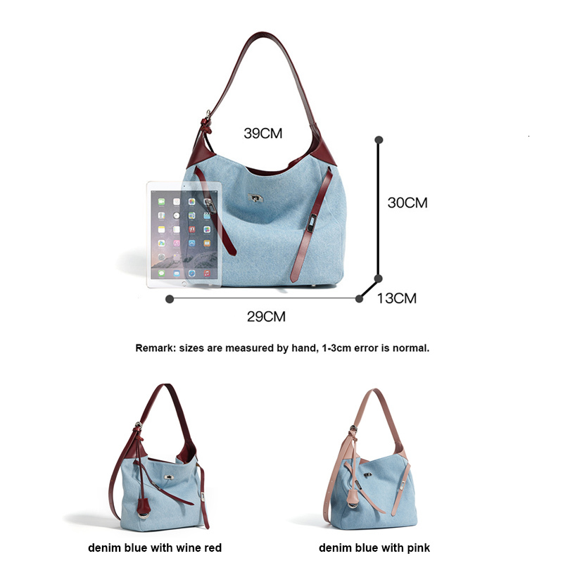 Women Shoulder Female Casual HOBO Tote Handbag Lady Fashion Underarm Bag Soft Denim With Split Leather Bucket Messenger Denim BagVoyage