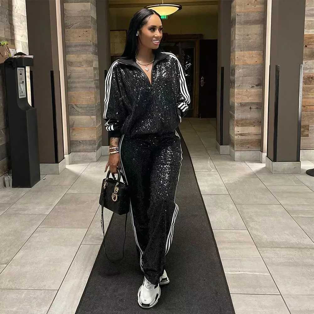 European Fashion Women Black Silver Sequin Long Pant Suit Spring Long Sve Ele 2 Pieces Club TracksuitsX241112