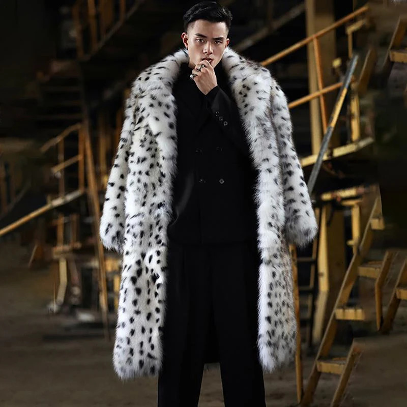 PFHQ Mens Fashion Mink Winter Elegant Leopard Pattern Fashion Artificial Fur Fox Long Hair Warm Coat 21Q4438 241112