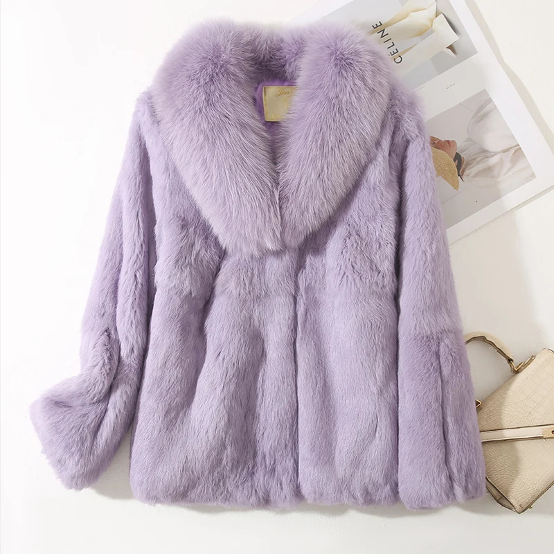 Genuine Whole 100% Real Natural Rabbit Fur Coat With y Fox Collar Jacket Full Pelt Overcoat 241113