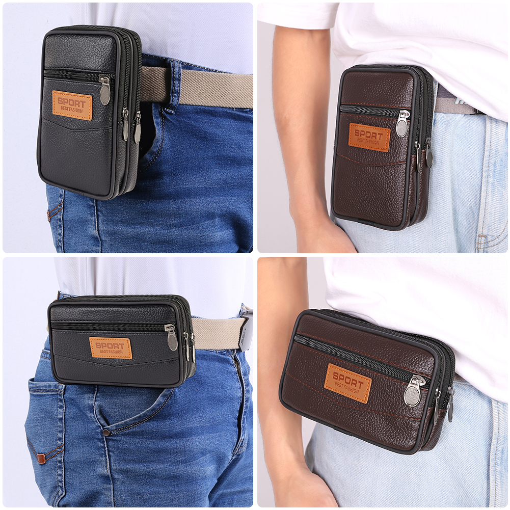 ddmysmile Bag Men PU Waist Leather Fanny Waist Bag Casual Mobile Phone Purse Pocket Male Outdoor Travel Sports Belt Bum Pouch Smile