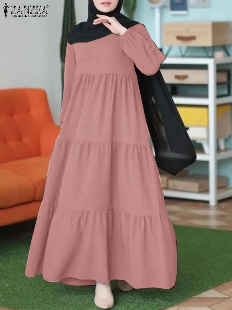ZANZEA Muslim Headscarf Series Dress for Womens Casual Loose Long Puff Sleeves Abaya Robe Autumn Islamic O-neck Vistildos 241111