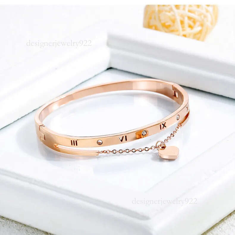 Fashion designer beautiful sparkg dia zircon heart charms bangle bracelet for woman girls 17 cm rose gold titanium steel