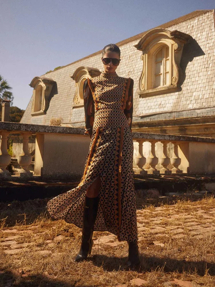 Print Puff Sleeve Midi Skirt Suit Women Elegant High Collar Long Sleeves 2 Pieces Sets Spring Chic Holiday Party Female Outfit 240403