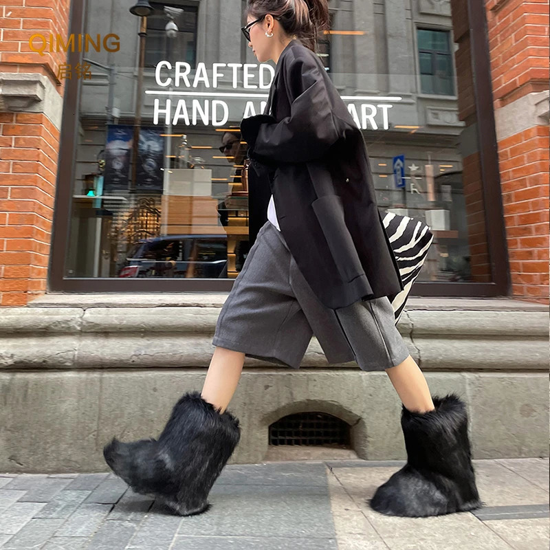 Women Faux Fur Boots Winter Fluffy Plush Warm Mid Calf Snow Boots Fashion Furry Boots Comfortable Outdoor Flat Shoes 241112