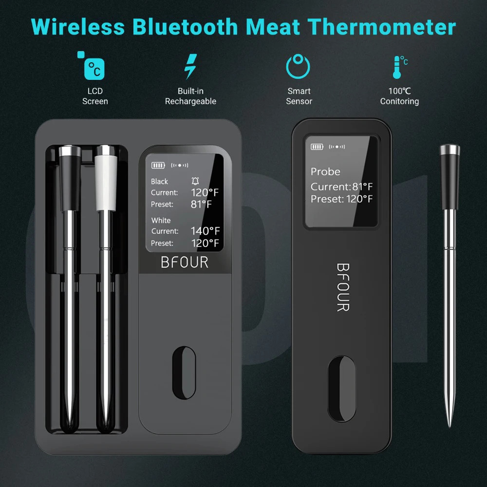 Wireless Bluetooth meat thermometer IP67 waterproof probe with LCD screen booster rechargeable used for grilling smoking and grilling ovens 241113