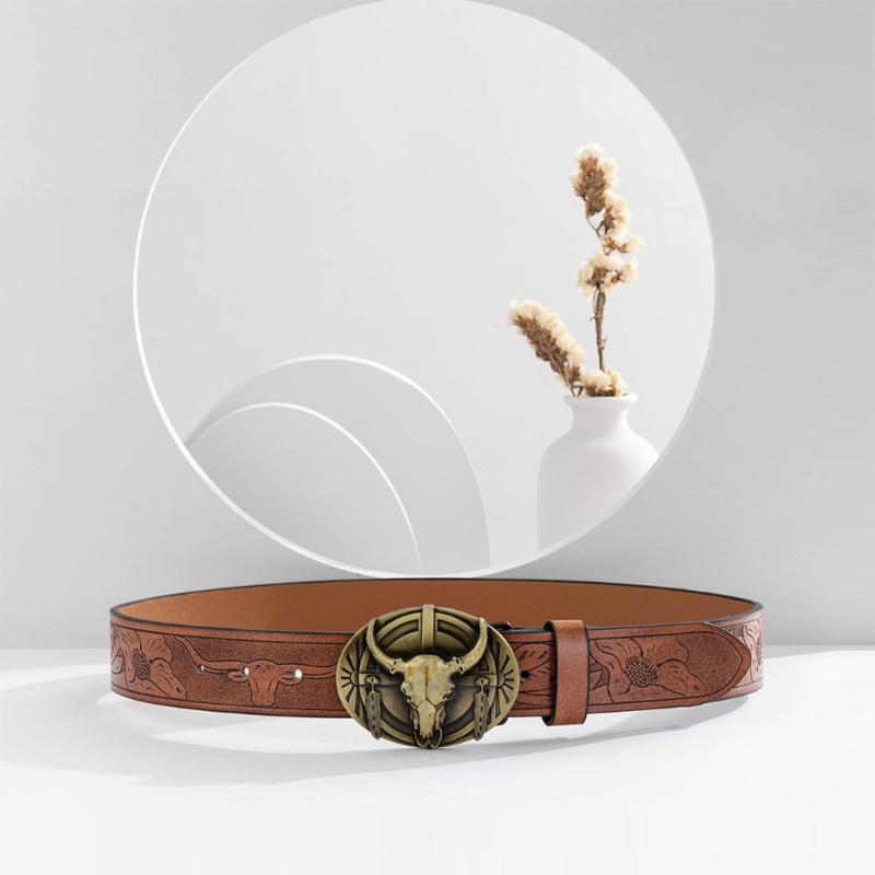 Men For Western Belt Pants Engraved ddmysmile Pattern Waist Belt Ethnic Jeans Belt Oval Buckle Cowboy Belt Teens Vintage Accessory DXAA Smile