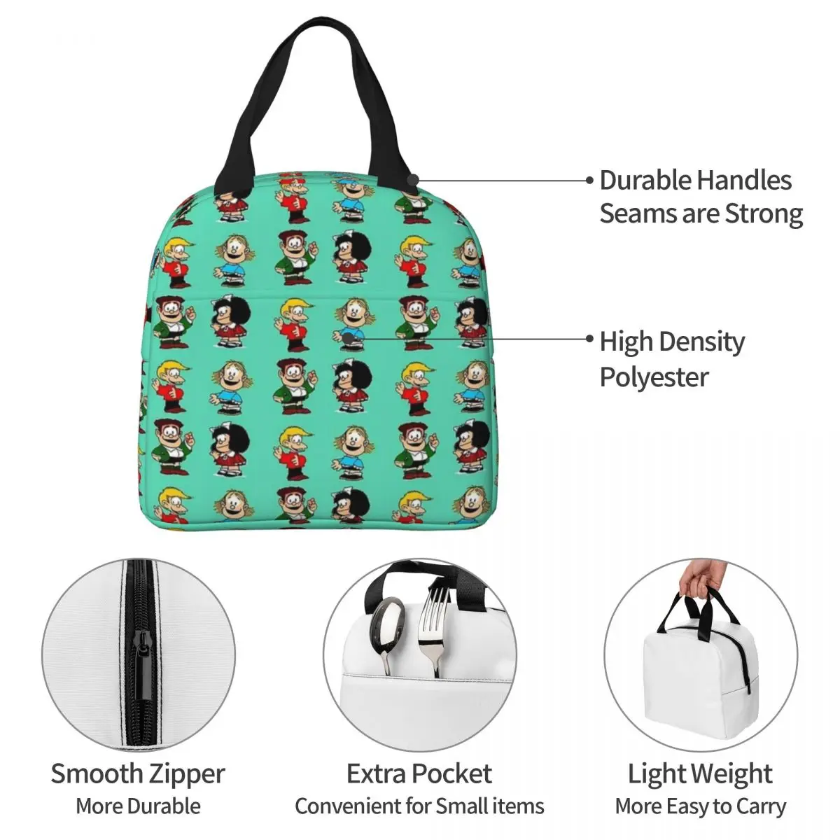 Mafalda Insulated Mug Gang Lunch Bag Portable Lunch Container Thermal Bag Tote Lunch Box Beach Travel Girl Boy smile