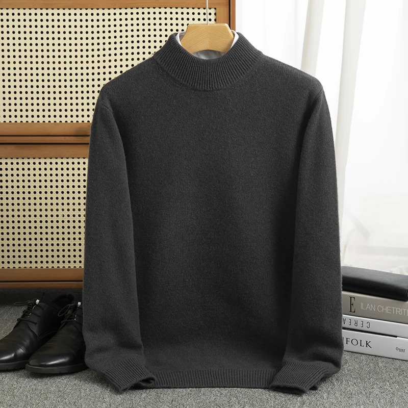 Thick Autumn Winter Merino Wool Jacquard Cashmere Sweater Mens Half ponytail Neck Jacquard Warm Bottom Knitted Top 241113