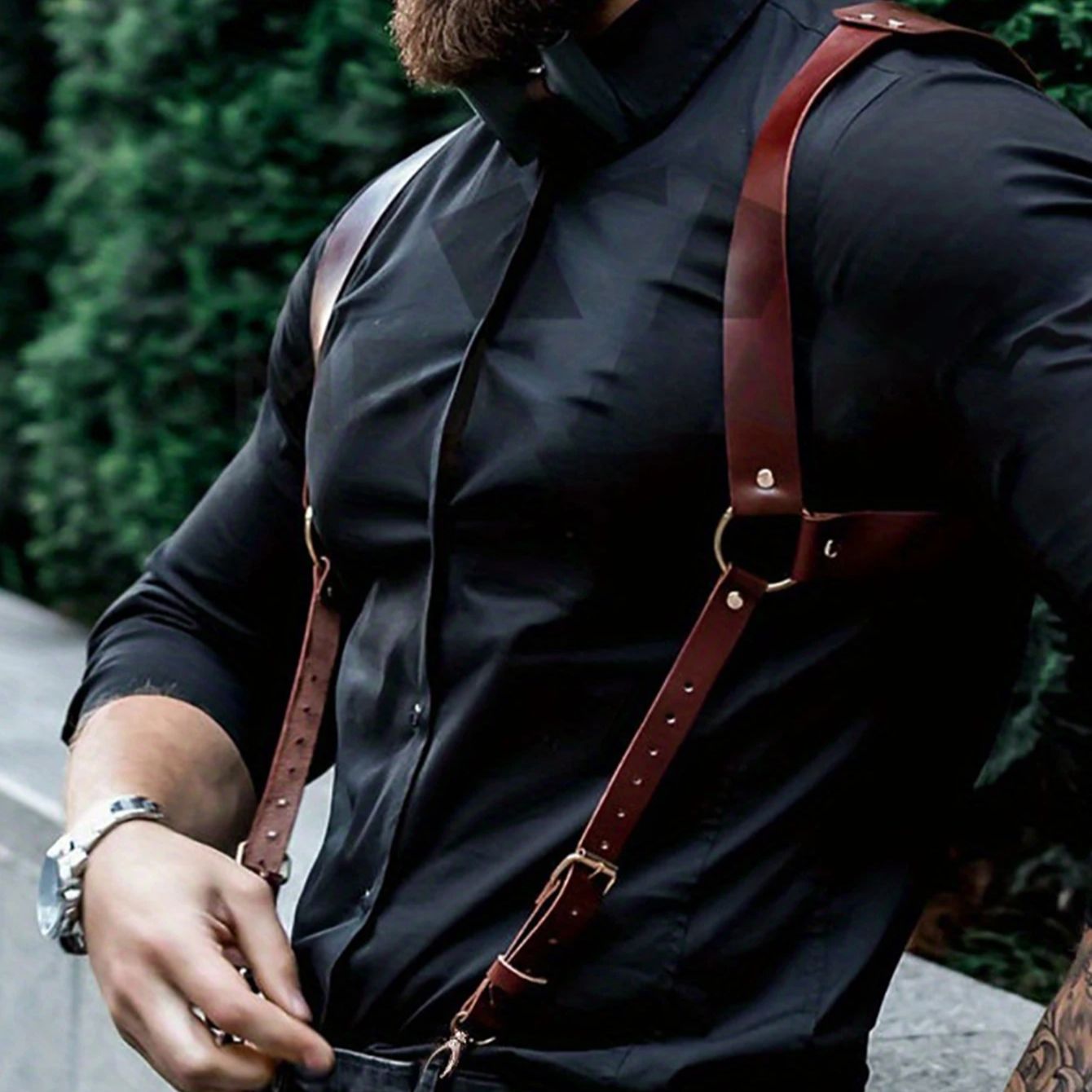 Men's Punk ddmysmile Suspenders Gothic Vintage Brown PU Leather Straps Braces Suspender Chest Shoulder Belt Strap Apparel Accessories Smile