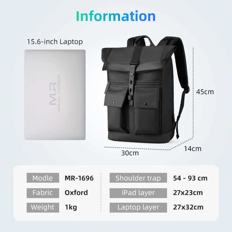 Laptop Ryden Mark Mochila 15.6 Oxford Gray Solid High School Bags Teen College Student Back Pack Multifunctional Bagpack smile