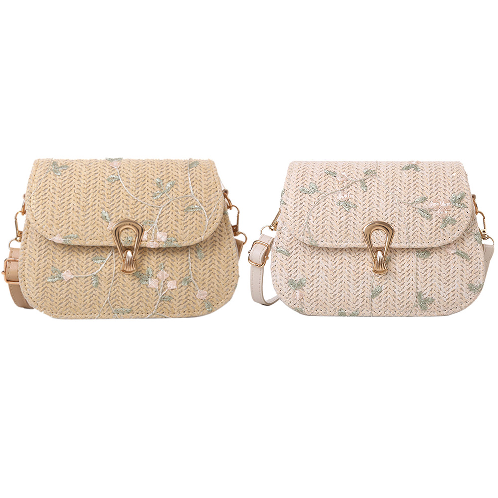 Women Straw Crossbody Bag Adjustable Strap Flower Straw Purse Hasp Closure Straw Satchel Bag Female Summer Beach Bag