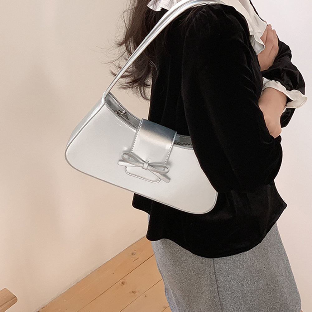 Small Sweet Bow Shoulder Bag Retro Solid PU Leather Y2K Purse Fashion Handbag Trendy Underarm Bag for Women and Girls
