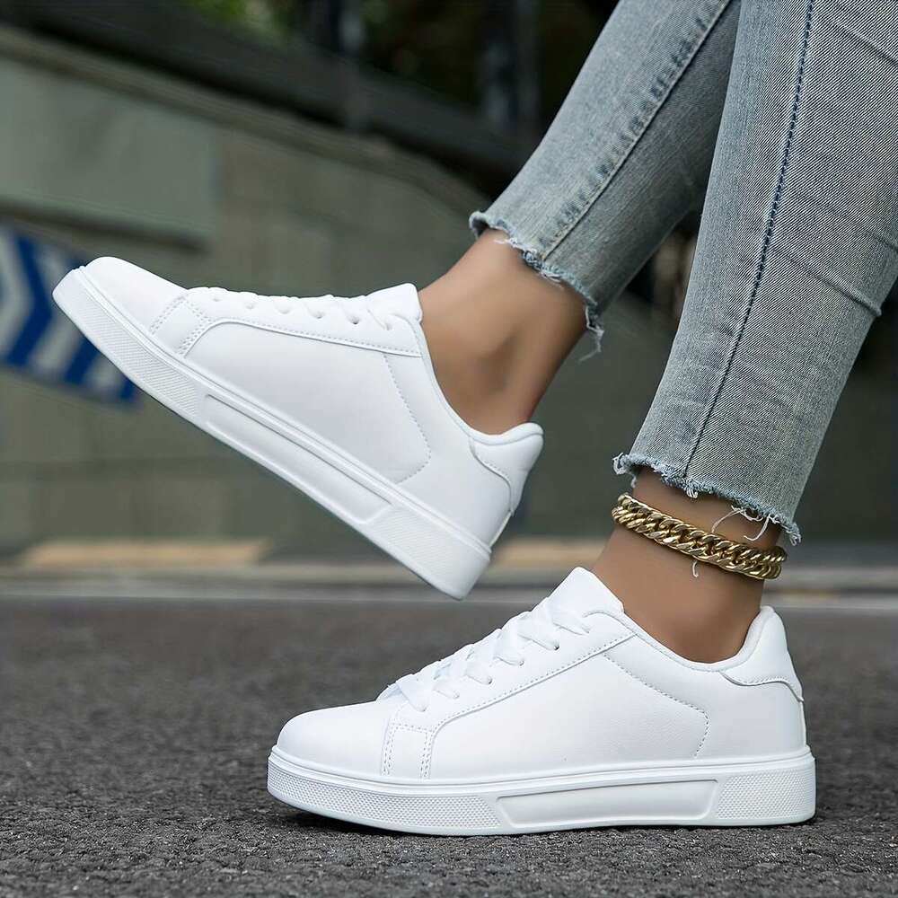 Ultra-Soft White Faux Leather Skate Shoes Durable Flat Sole with Anti-Slip Grip Fashionable Preppy Sneakers for Casual, Versatile Wear - Lightweight,