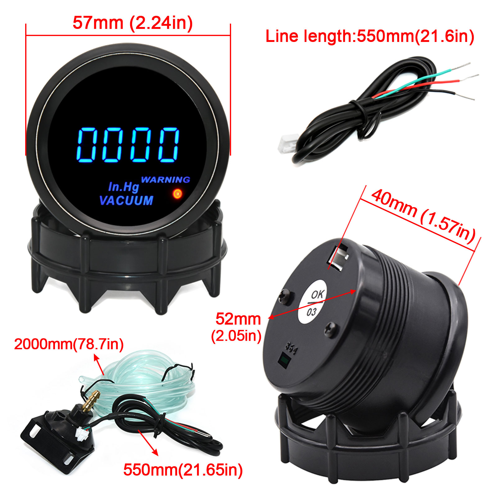 Universal 52mm Vacuum Gauge CAR ACCESSORI Vacuum Meter LED Meter Car Pressure Gauge Auto Replacement Parts Car Repair Tools
