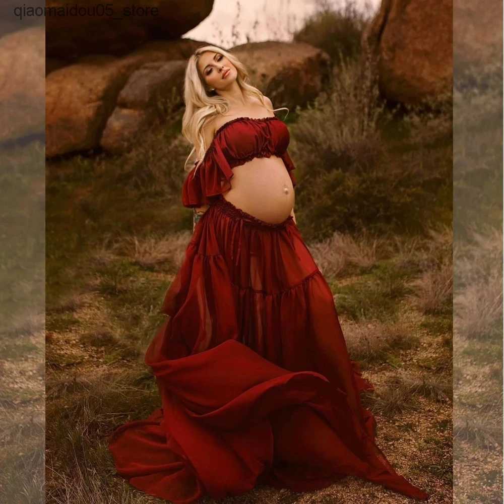 Maternity Dresses Photoshot pregnant womens long coat and top tier pregnant womens pleated semi transparent chiffon baby shower dress Q240413