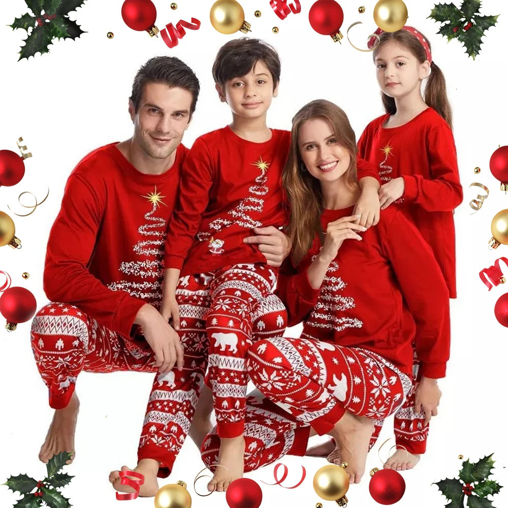 Family Christmas Matching Pajamas Set Red Firework Print Dad Mom Kids Homewear Comfortable Sleepwear Baby Romper Xmas Look 241112