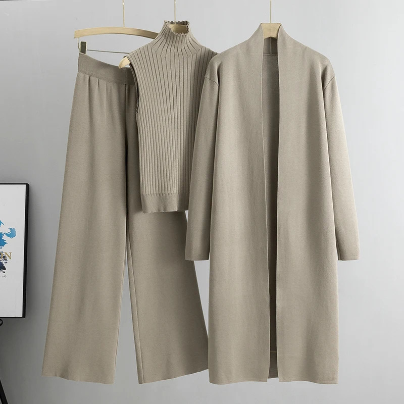 Spring Autumn 3 Piece Women Cardigan Tracksuits Fashion Knitted Pant Set Ladies Sweater Suit Vintage 240402