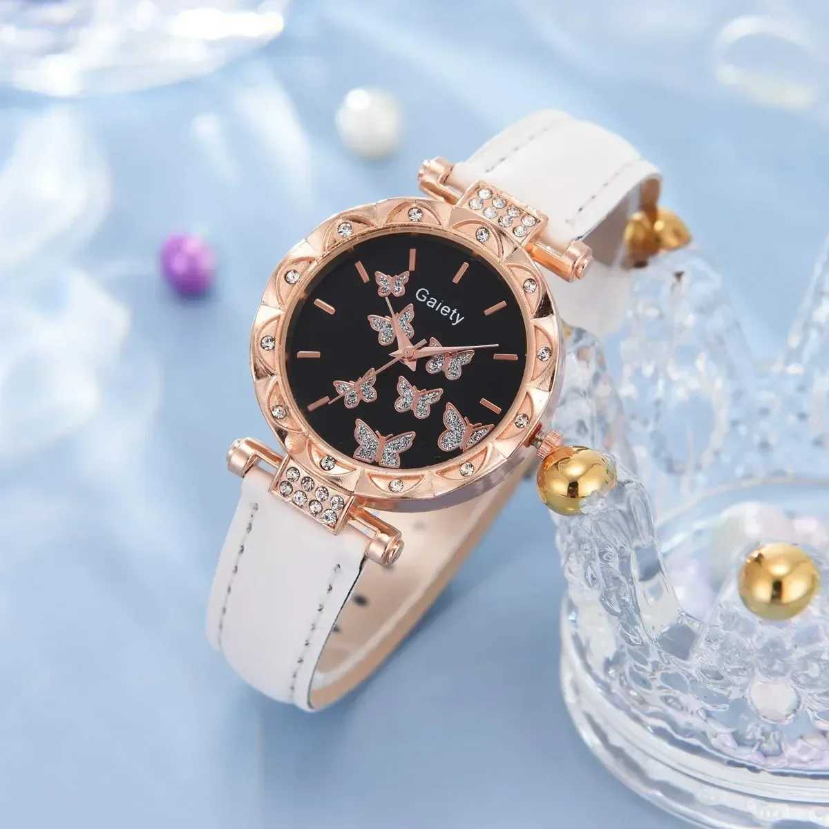 6/1pcs Set Women Watch Ring Necklace Earrings Bracelet Set Watches Butterfly Leather Strap Ladies Quartz WristWatch (No Box)XJ241109