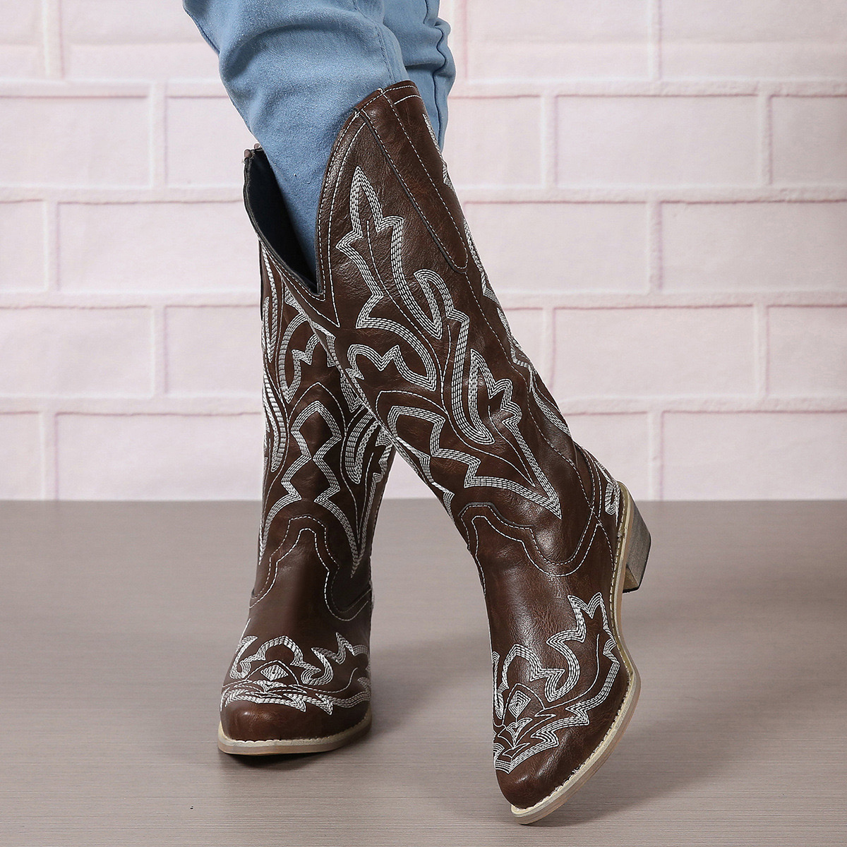 Embroidery Cowboy For Knee High Med Calf Vintage Western Cowgirl Boots Women Heeled Casual Shoes Autumn Block Heel 240724