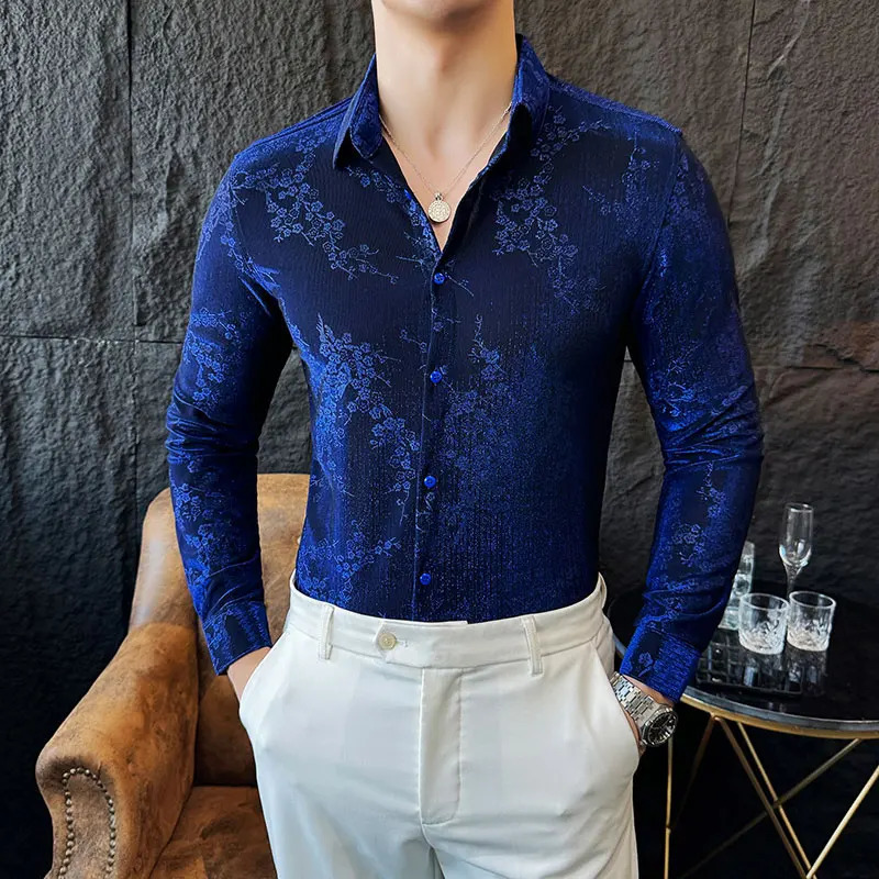 Retro velvet shirt mens autumn and winter floral jacquard ultra-thin long sleeved mens tailcoat shirt and elegant mens social shirt 4XL 241113