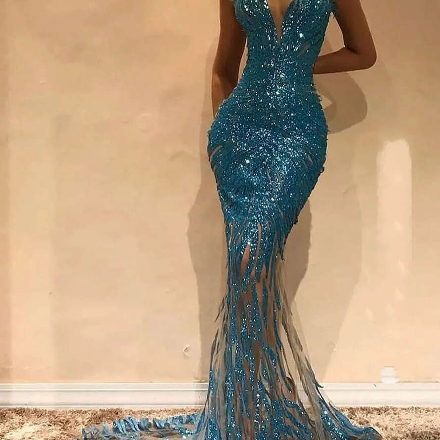 Illusion Mermaid Hunter Sequins Dresses Evening Gowns Halter Sleeveless Sexy Backless Long Cheap Prom Dress