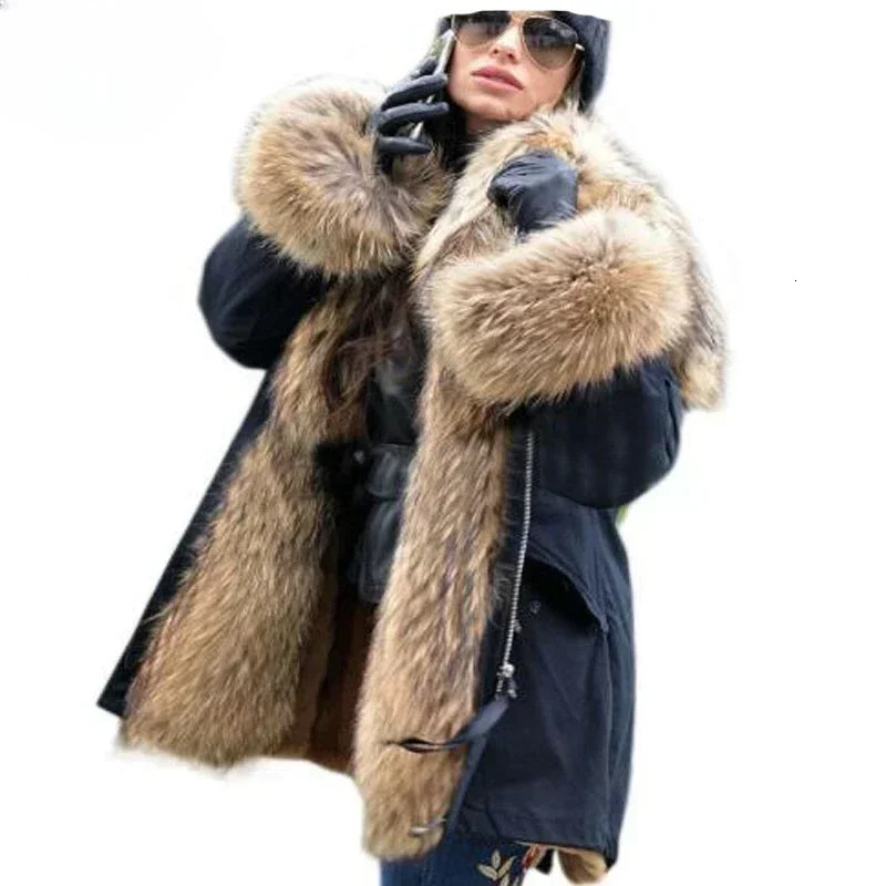 Winter warm Coat Natural Real Fox fur Jacket Hooded Black Woman Parkas Mulher Womens 241113