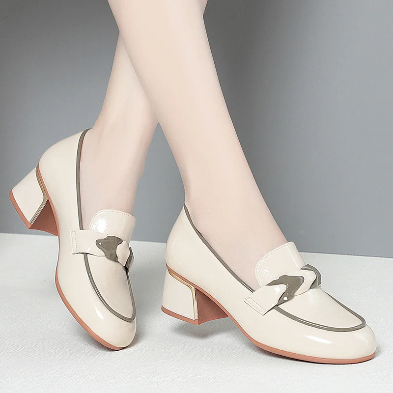 Spring Deep Mouth Thick Heel Loafers Women Autumn Soft Leather Shoes Slip-on Pedals British Style Fashion Shoes 241112