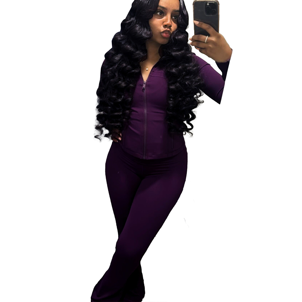 Womens Tracksuits Active Stand Collar Full Sleeve Sweatshirt with Bodycon Flare Pants Casual Two Piece Sets