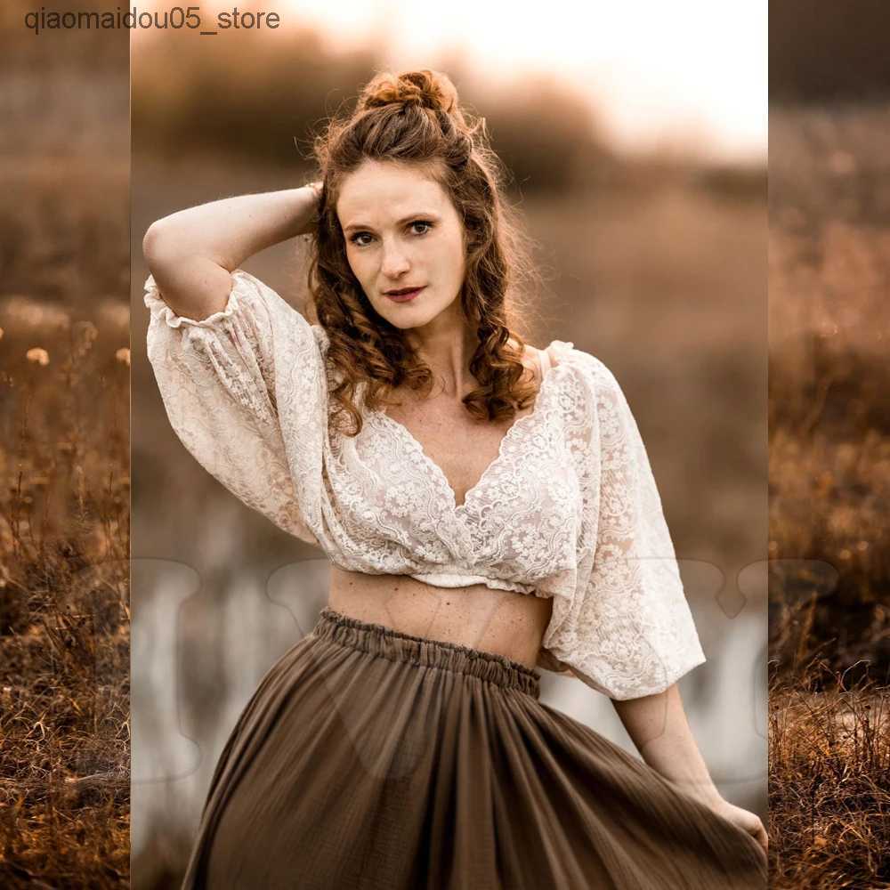 Maternity Dresses Bohemian Pregnant Womens Dress Lace and Linen Cotton Combination Two Piece Set Contrast Color Retro Design PhotoShoot Q240413
