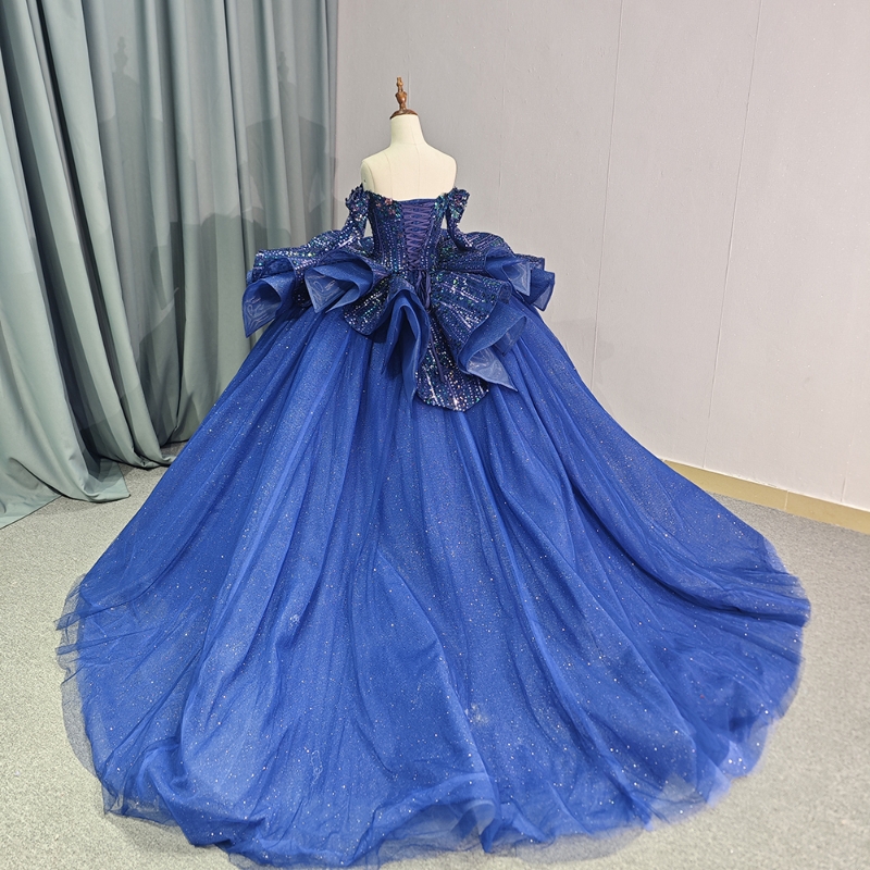 Blue Navy Shiny Princess Quinceanera Dresses Off The Shoulder Ball Gown Sweet Dress Beads Sequin Appliques Lace Tull Party Birthday D