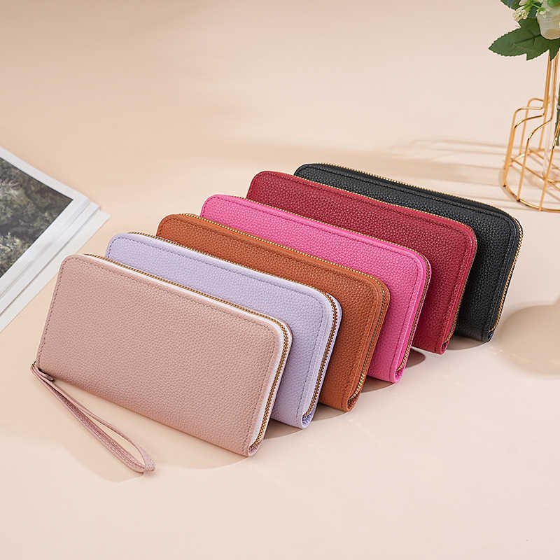 Long Macaron Colored Zipper Wallet For Women With Lychee Pattern And Multi Compartment Handbag