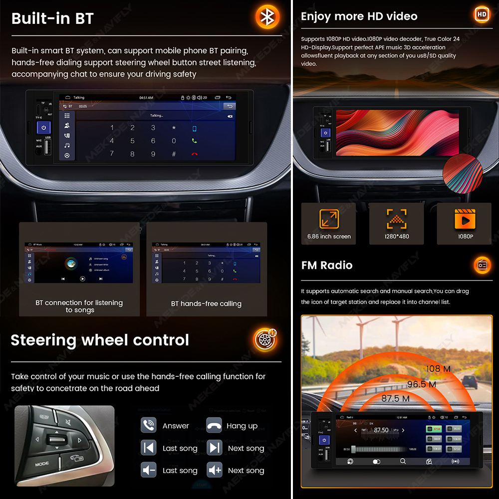 MEKEDE 1 Din Car Radio Carplay Android Auto HD Touch Screen MP5 Player Universal Multimedia Tape Recorder AUX USB FM Audio